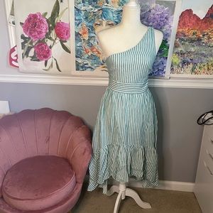 Francesca’s Green and White Stripe Ruffle one Shoulder Midi Italian Summer Dress